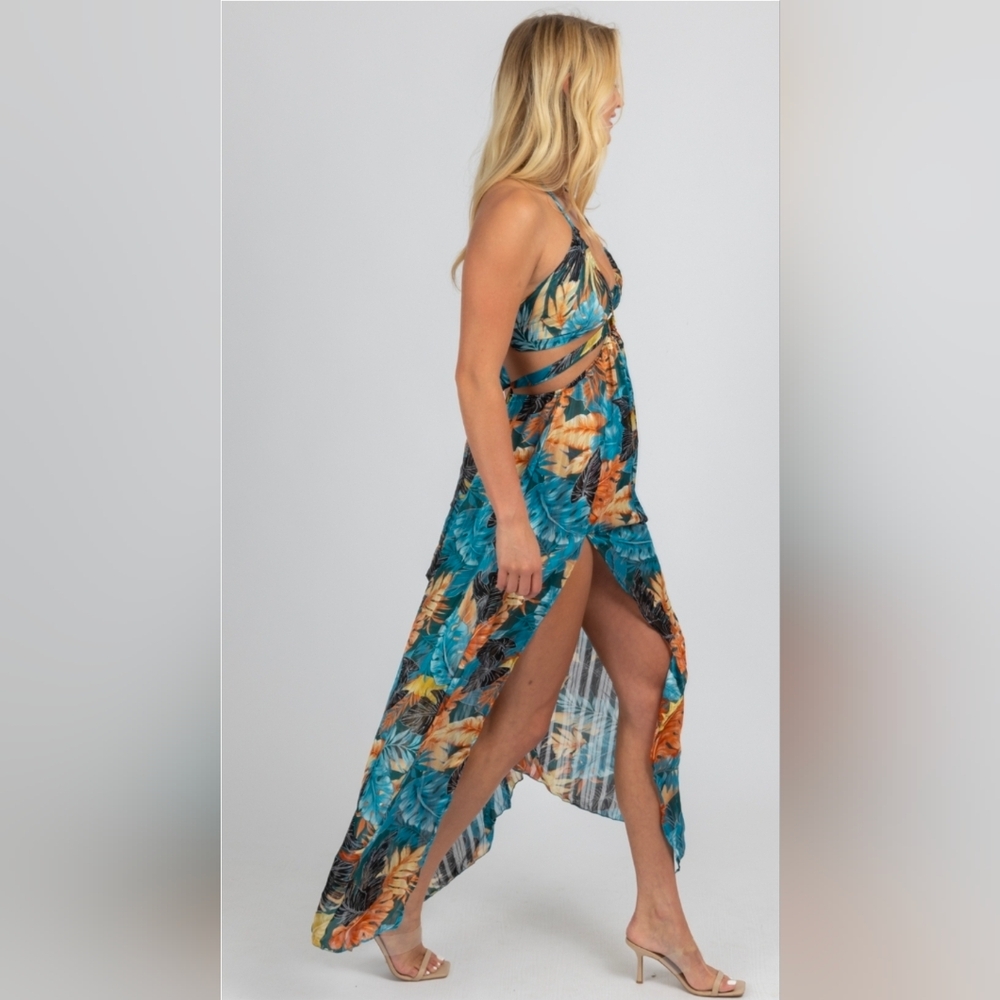 TEAL TROPICAL HIGH SLIT MAXI COVER UP - Picture 5 of 6